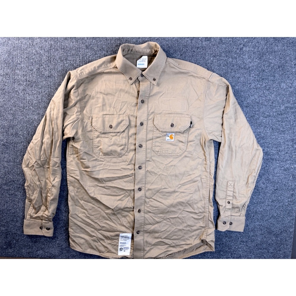 Carhartt FR Shirt Mens M Khaki Tan Flame Resistant Workwear Button Down 294-62